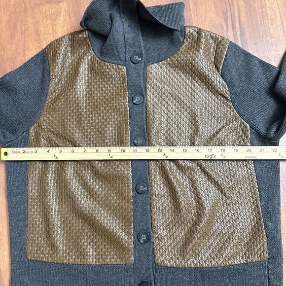 AK ANNE KLEIN Gray Brown Cardigan Jacket LEATHER SILK WOOL XL - Picture 3 of 5